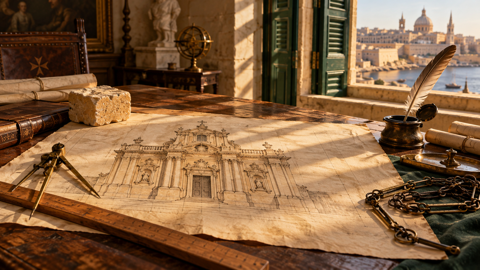 Perit in Malta — drafting desk with a Baroque elevation overlooking Valletta