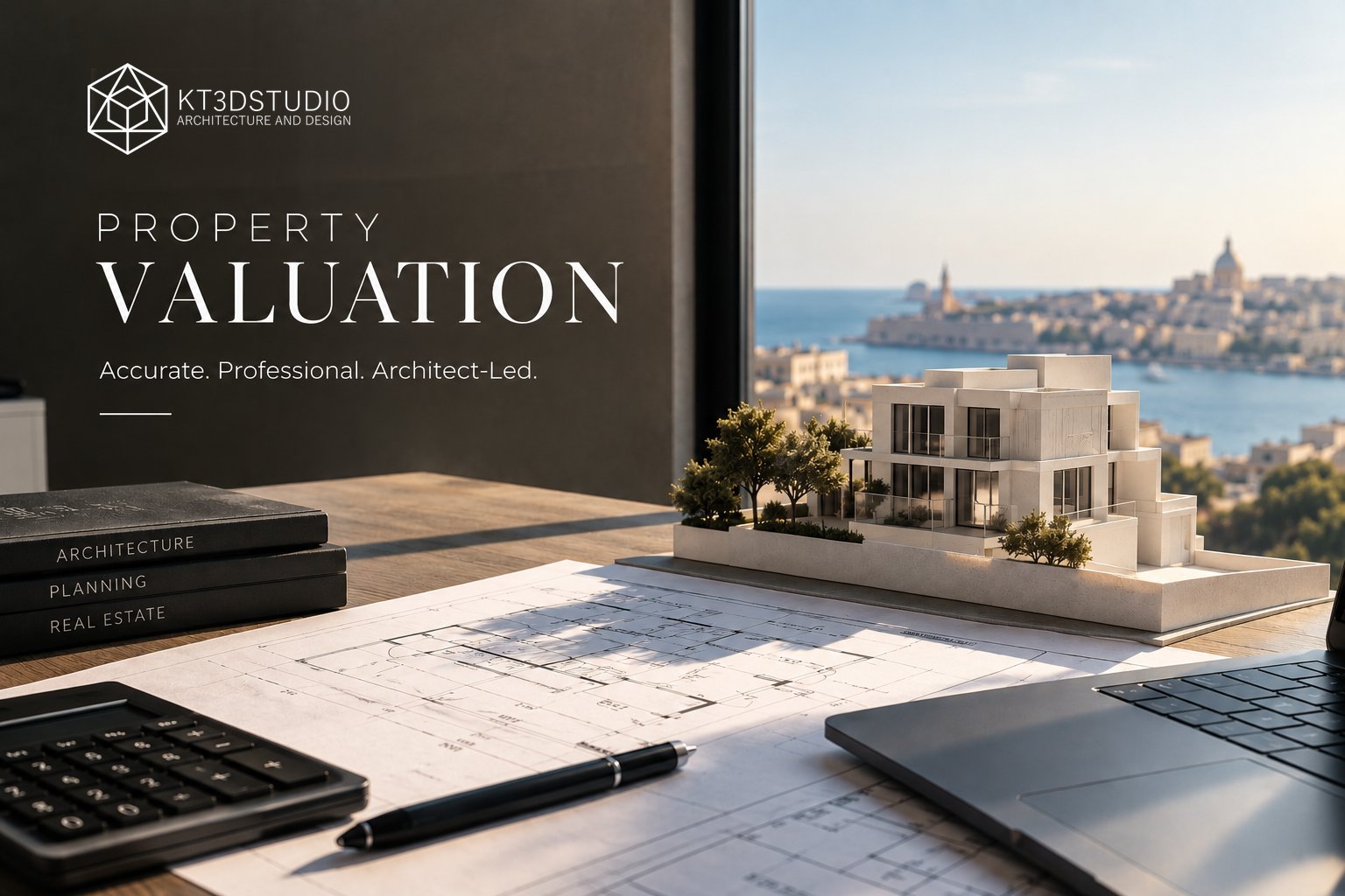 Property valuation Malta — architect's desk with plans, model and Valletta view
